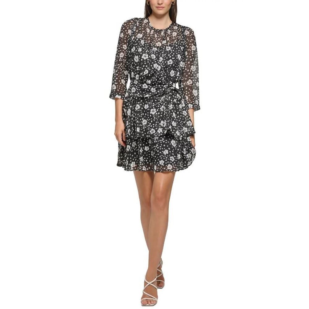 Karl Lagerfield 3/4-Sleeve Ruffle Waist Floral Dress - 6 Black